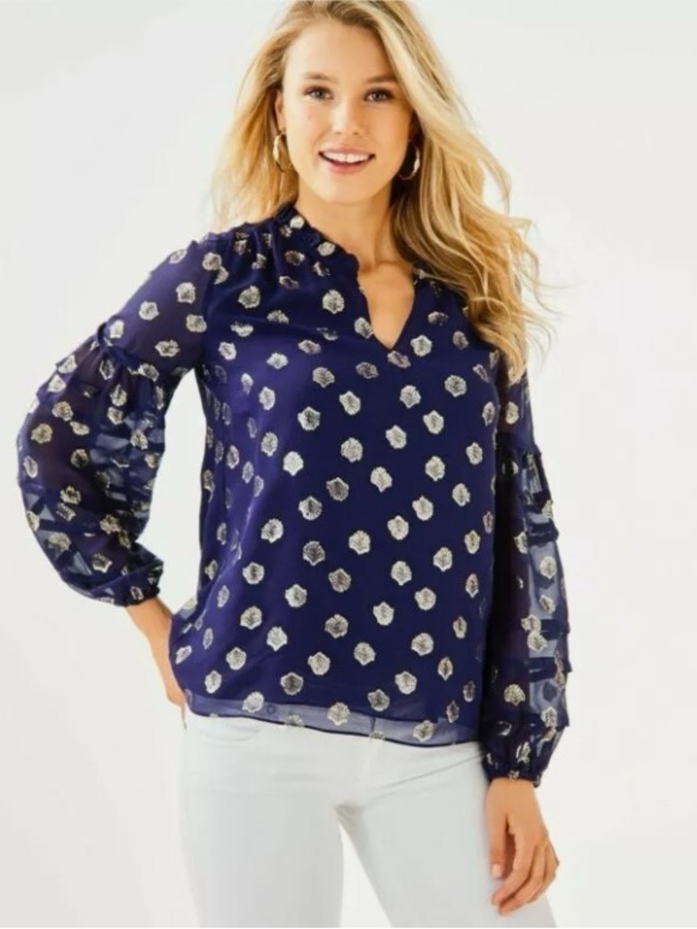 Lilly Pulitzer Giana Silk Navy Metallic Detail Blouse